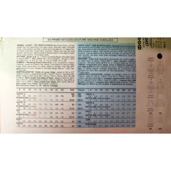 Uncut Vintage VOGUE Pattern 2437 Pants Jacket Top Skirt 8 10 12 1990s - Picture 2 of 2